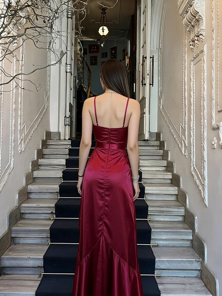 Elegant Spaghetti Straps V-neck A-line Long Prom Dresses, OL719