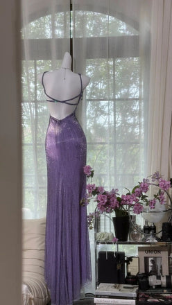 Shiny Purple Spaghetti Strap Sleeveless Mermaid Long Prom Dress Ideas, Evening Party Dresses , OLP1199
