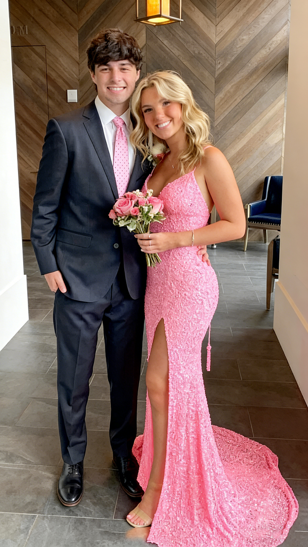 Sexy Spaghetti Straps V-neck Mermaid Pink Long Evening Prom Dress Onli – RomanBridal