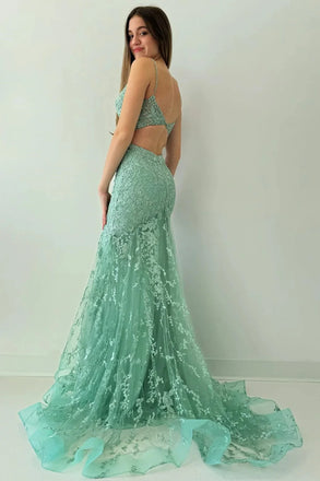 Charming Spaghetti Straps V-neck Mermaid Mint-green Long Evening Prom Dress Online, OL041
