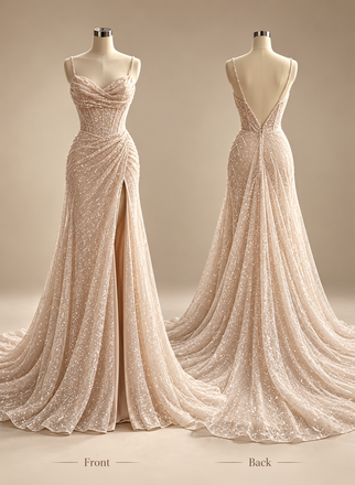 Glam Sequined Mermaid Prom Dress Detachable Ruffle Sleeves,OLP2507