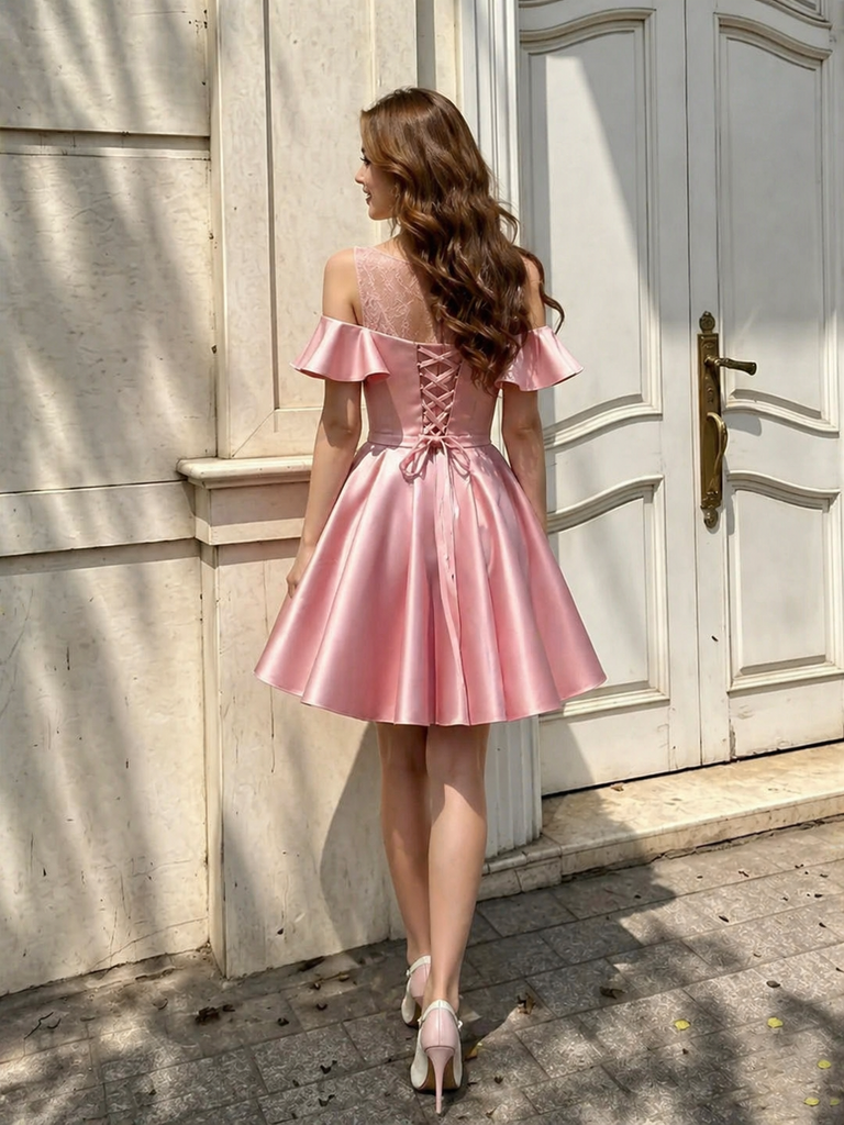 Pretty Dusty Pink Cold Shoulder Homecoming Dress Short A-Line Satin Ruffle Gown,HD1229