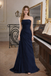 Dark Navy Strapless A-line Tulle Straight Neck Long Evening Prom Dress Online, OL028