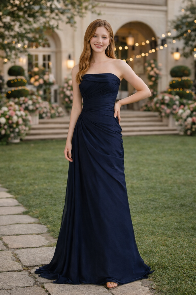 Dark Navy Strapless A-line Tulle Straight Neck Long Evening Prom Dress Online, OL028