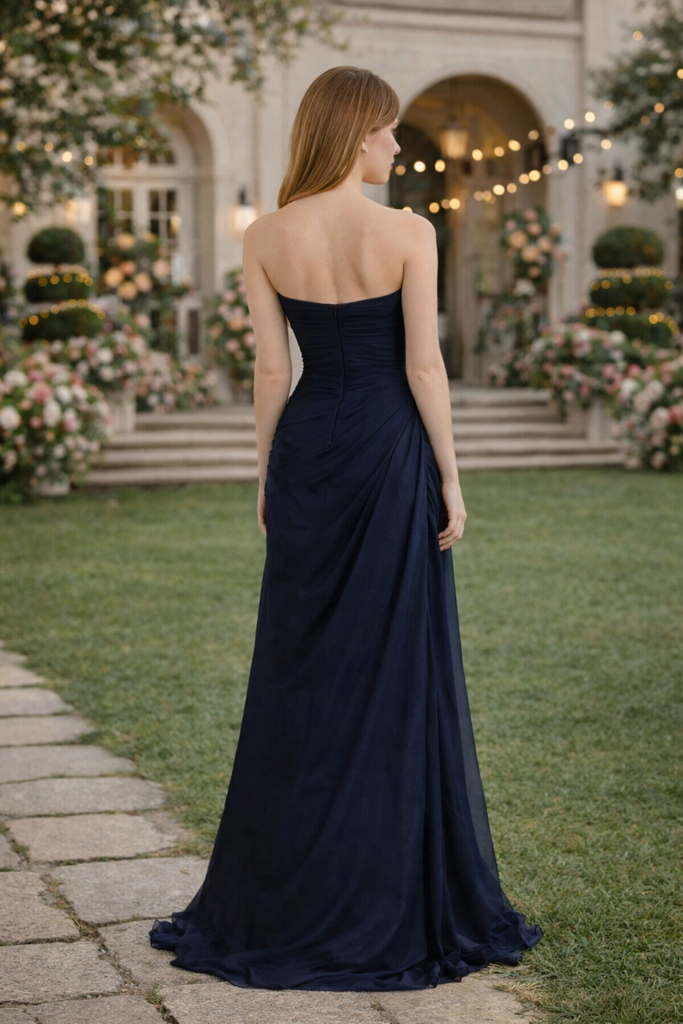 Dark Navy Strapless A-line Tulle Straight Neck Long Evening Prom Dress Online, OL028