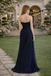 Dark Navy Strapless A-line Tulle Straight Neck Long Evening Prom Dress Online, OL028