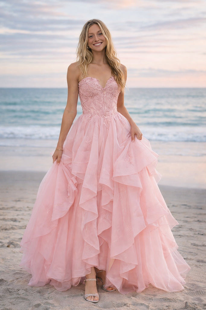 Unique Pink Tiered Tulle Ball Gown Strapless Applique Formal Prom Dress,OLP1802