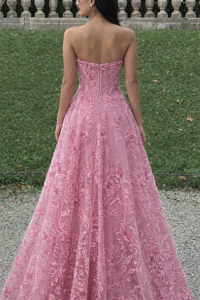 Elegant Strapless Pink Lace Prom Dress with 3D Floral Appliques,OLP1793