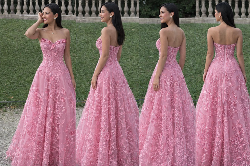 Elegant Strapless Pink Lace Prom Dress with 3D Floral Appliques,OLP1793