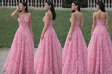 Elegant Strapless Pink Lace Prom Dress with 3D Floral Appliques,OLP1793