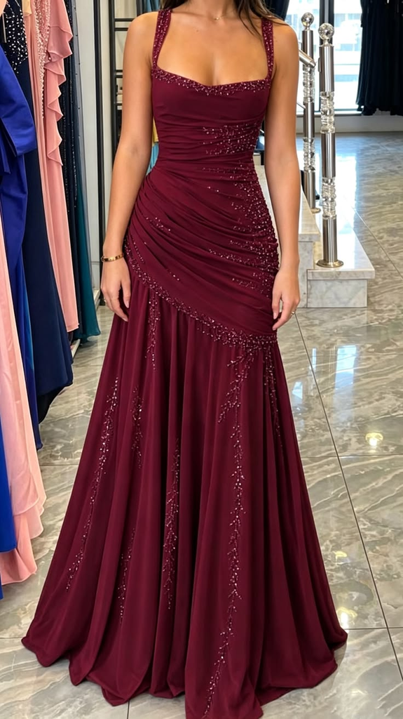Stunning Burgundy Chiffon Mermaid Gala Gown Sleeveless Ruched Prom Dress,OLP2316