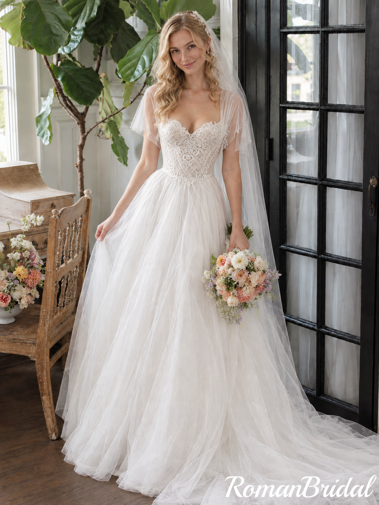 Ivory Lace Bodice A-Line Tulle Wedding Dresses with Flutter Sleeves,WD0657