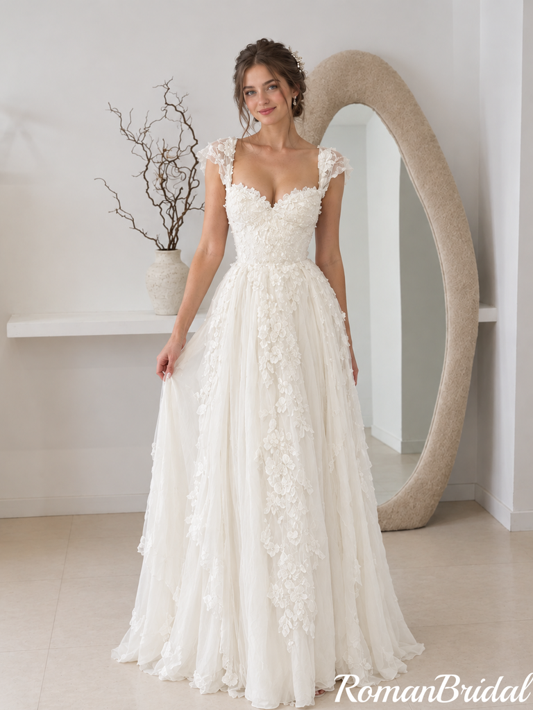 Modern Ivory Sweetheart 3D Floral Lace A-Line Wedding Dresses,WD0677