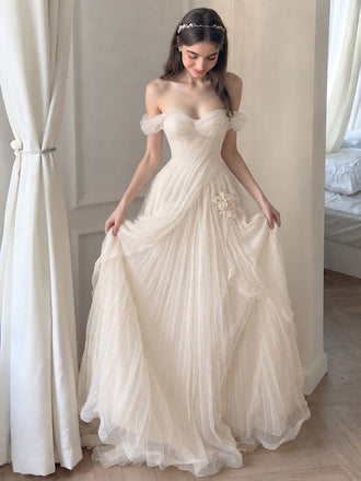 Beautiful Off-Shoulder Tulle A-Line Wedding Dresses with Classy Ruched Draping,WD0656