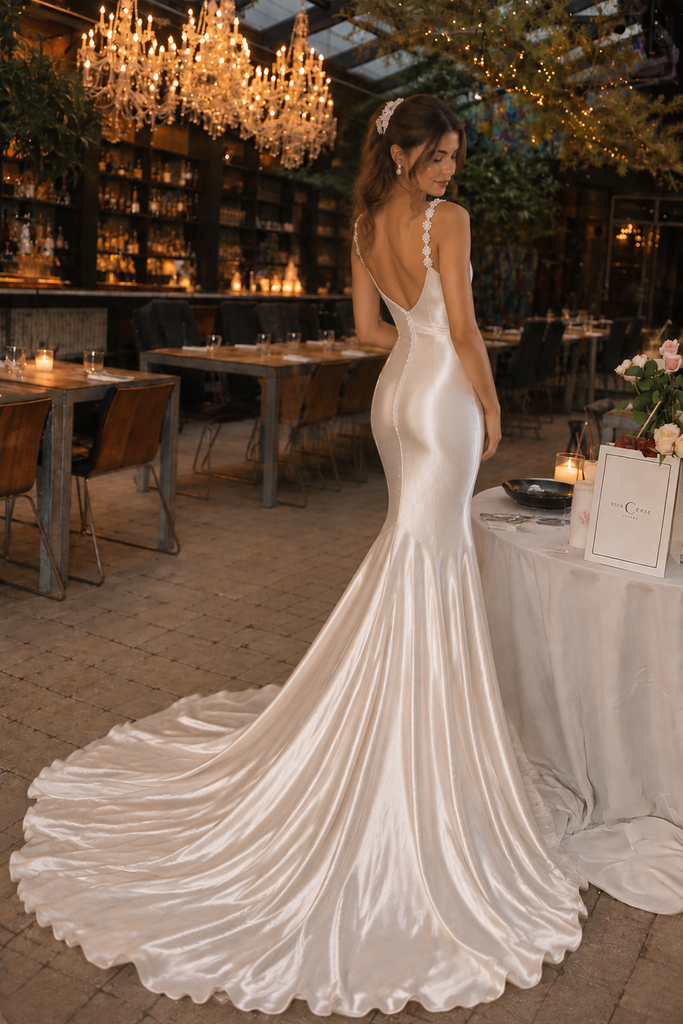 Elegant Ivory Floral Strap Silk Satin Mermaid Train Wedding Dresses,WD0678