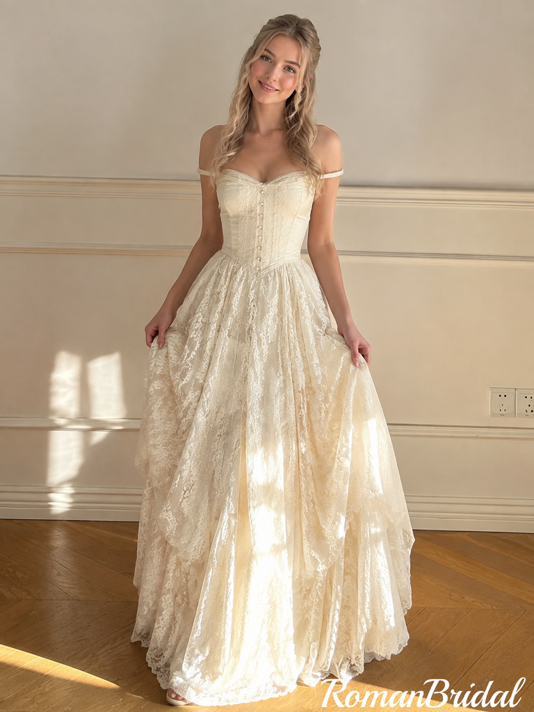 Beautiful Strapless Tiered Lace Champagne Corset Wedding Dresses,WD0654