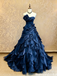 Navy Blue Prom Dress Strapless Sweetheart Ruffle Tiered Chiffon Ball Gown Floor Length,OLP2265
