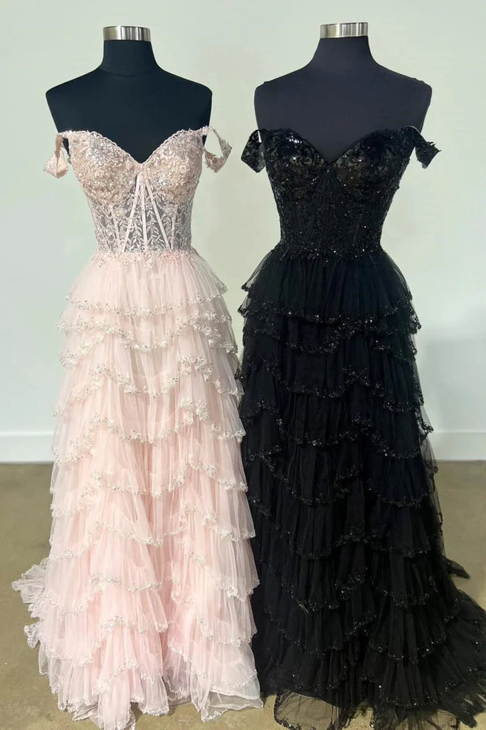 Charming Off the Shoulder A-line Side Slit Long Champagne Black Pink Evening Prom Dress Online, OL044