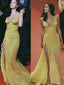 Sexy Spaghetti Straps Mermaid Side Slit Long Yellow Evening Prom Dress Online, OL045