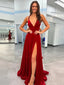 Elegant V-neck Sleeveless Red Velvet A-line Long Prom Dresses With Front Slit For Party Online, OL359