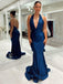 Sexy Halter V-neck Sleeveless Mermaid Satin Long Prom Dresses With Trailing For Party Online, OL368