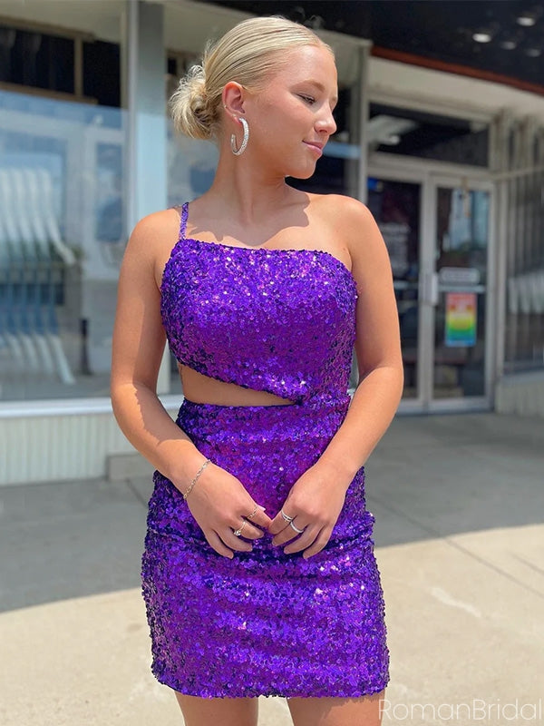 Sexy One-shoulder Sleeveless Short Mermaid Sequin Homecoming Dresses For Party Online, HD0853