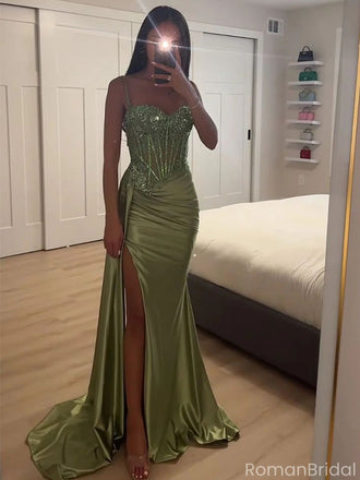 Sexy Green Spaghetti Strap Sleeveless Mermaid Side Slit Long Prom Dress Ideas, Evening Party Dresses OLP1152