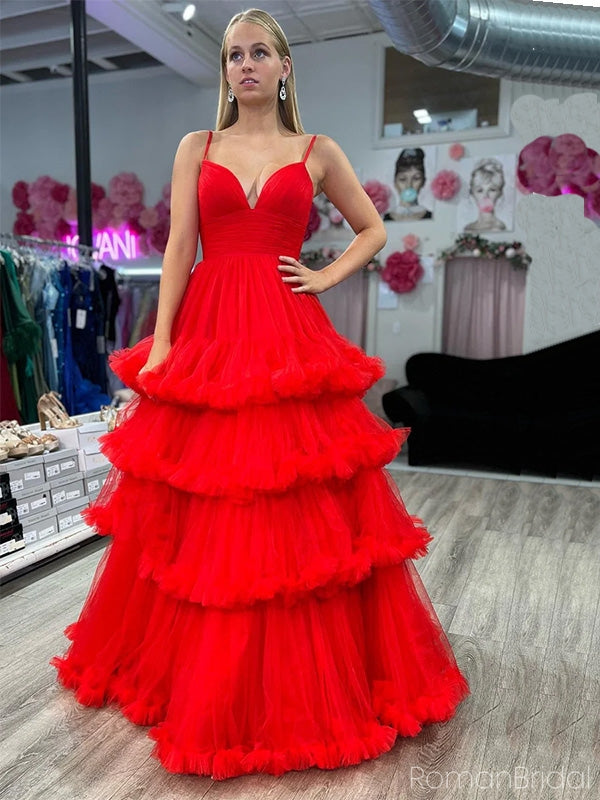 Gorgeous V-neck Spaghetti Strap Tulle Ruffles Red A-line Long Prom Dress With Trailing Online, OL314