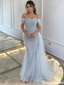 Fancy Light Blue Off-Shoulder Beaded Tulle Mermaid Prom Dress,OLP2473