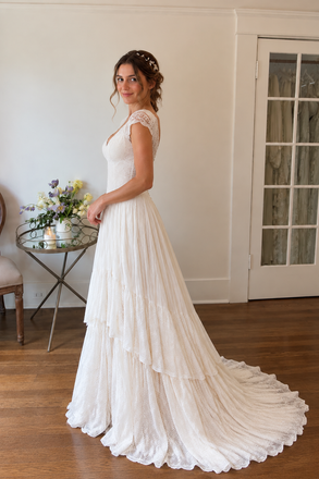 V Neck Cap Sleeve Floor Length A Line Wedding Dresses Tiered Lace Romantic,WD0649