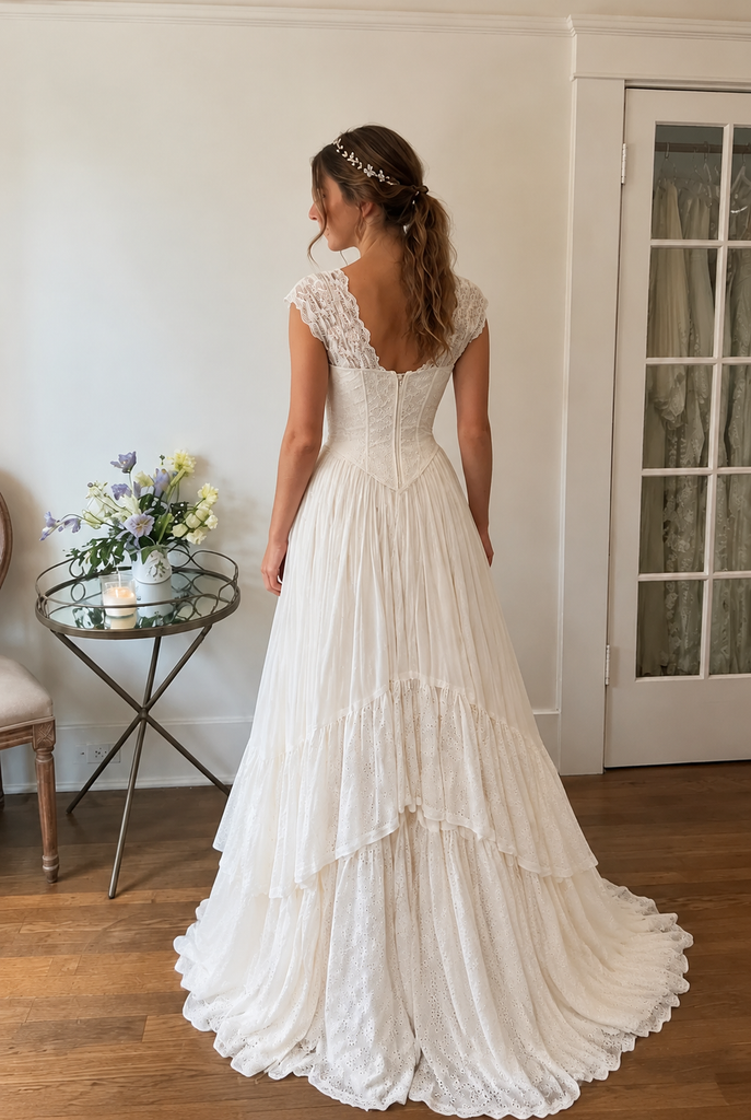 V Neck Cap Sleeve Floor Length A Line Wedding Dresses Tiered Lace Romantic,WD0649