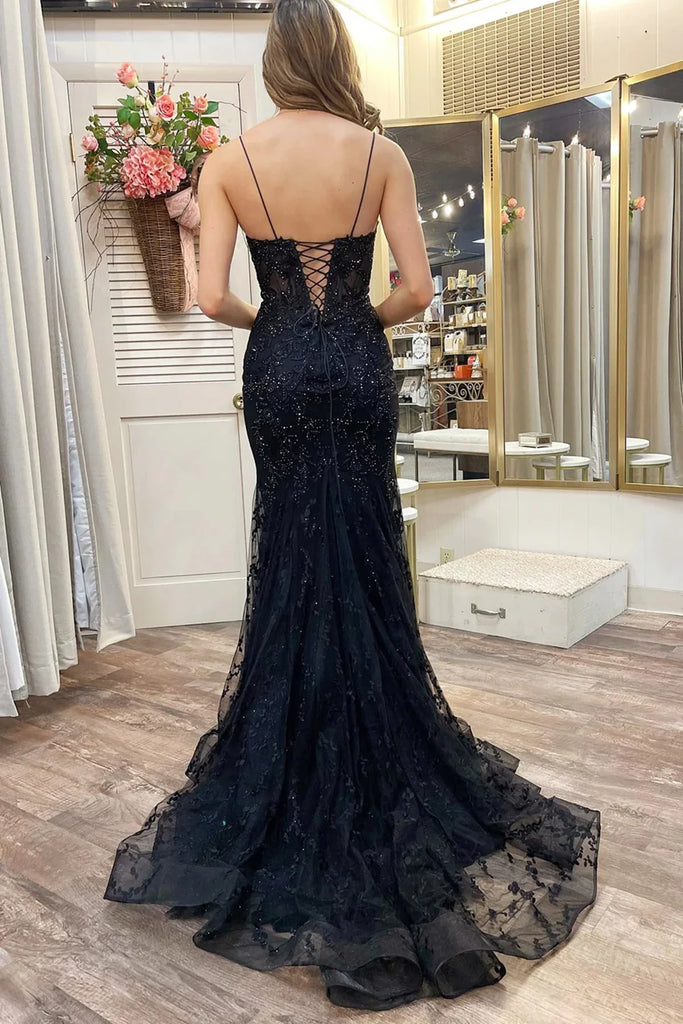 Charming Spaghetti Straps V-neck Mermaid Black Long Evening Prom Dress Online, OL040