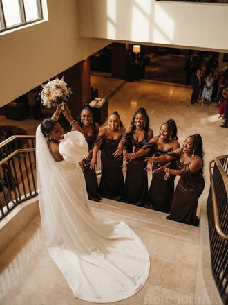 Elegant Off the Shoulder Mermaid Brown Long Bridesmaid Dreses Online, BG315