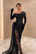 New Arrival Sexy Long Sleeves Mermaid Black Lace Prom Dress with Side Slit, OL017