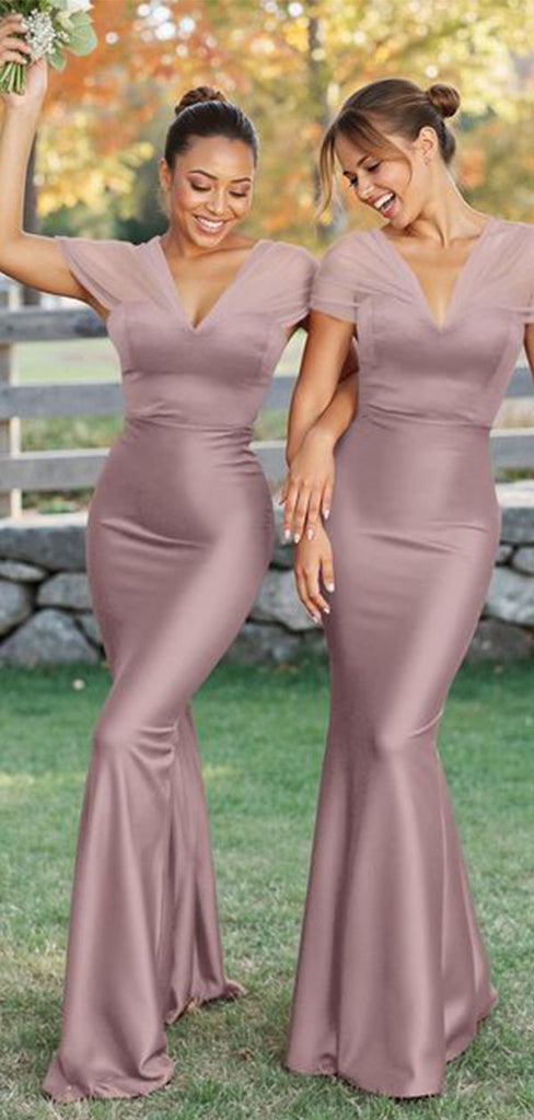 Elegant Pink V-Neck Short sleeves Mermaid Long Bridesmaid Dresses Online , BG875