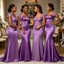 Elegant Purple Mermaid Bridesmaid Dresses Lace Cap Sleeve V Neck Satin Gown,BG976