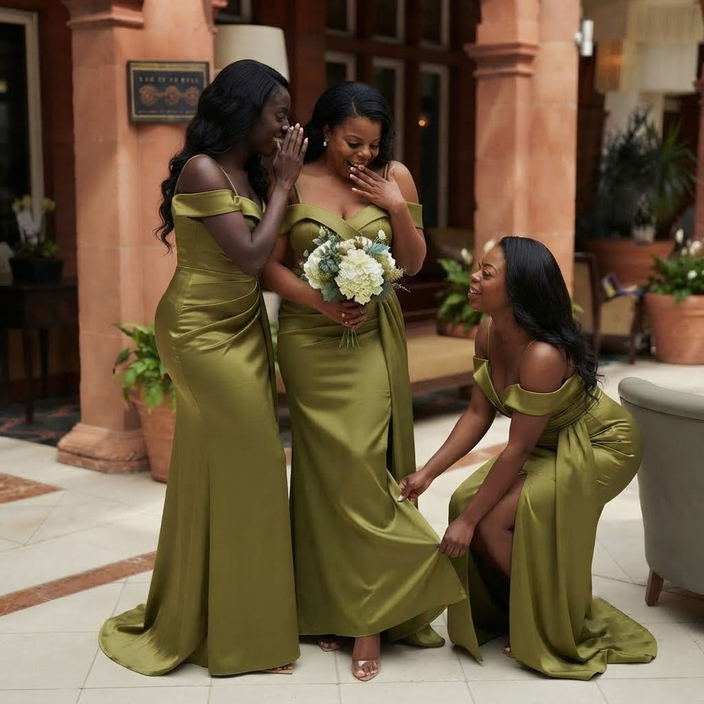 Sexy Off The Shoulder Olive Satin Bridesmaid Dress Unique High Slit Evening Gown,BG1012