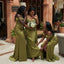 Sexy Off The Shoulder Olive Satin Bridesmaid Dress Unique High Slit Evening Gown,BG1012