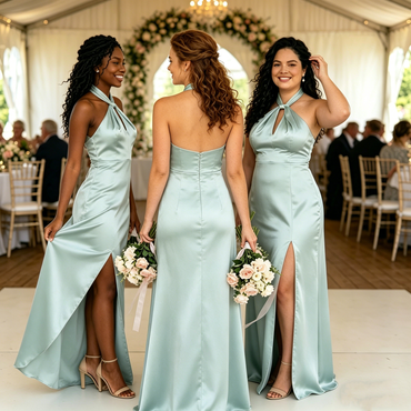 Classy Mint Green Satin Halter Long Bridesmaid Dress with Thigh Slit,BG962