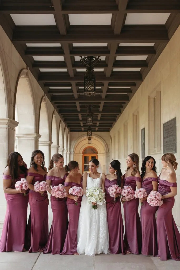 Elegant Off-Shoulder Satin Mermaid Bridesmaid Dress Long Modern Mauve Gown,BG940