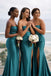 Sexy Teal Strapless Ruched Satin Mermaid Long Bridesmaid Dress with Elegant Slit,BG1023