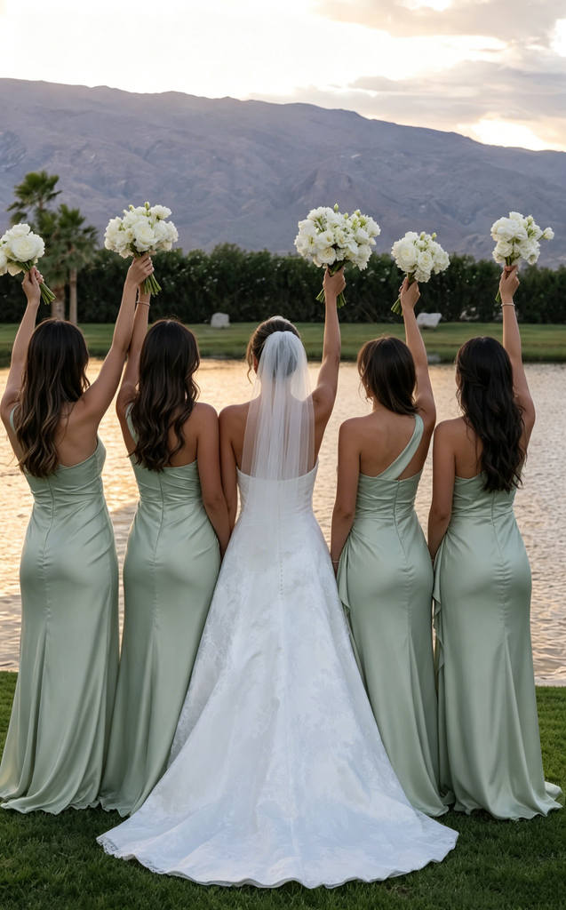 Modern Sage Green Satin One-Shoulder Bridesmaid Dresses with Elegant Side Drape,BG993