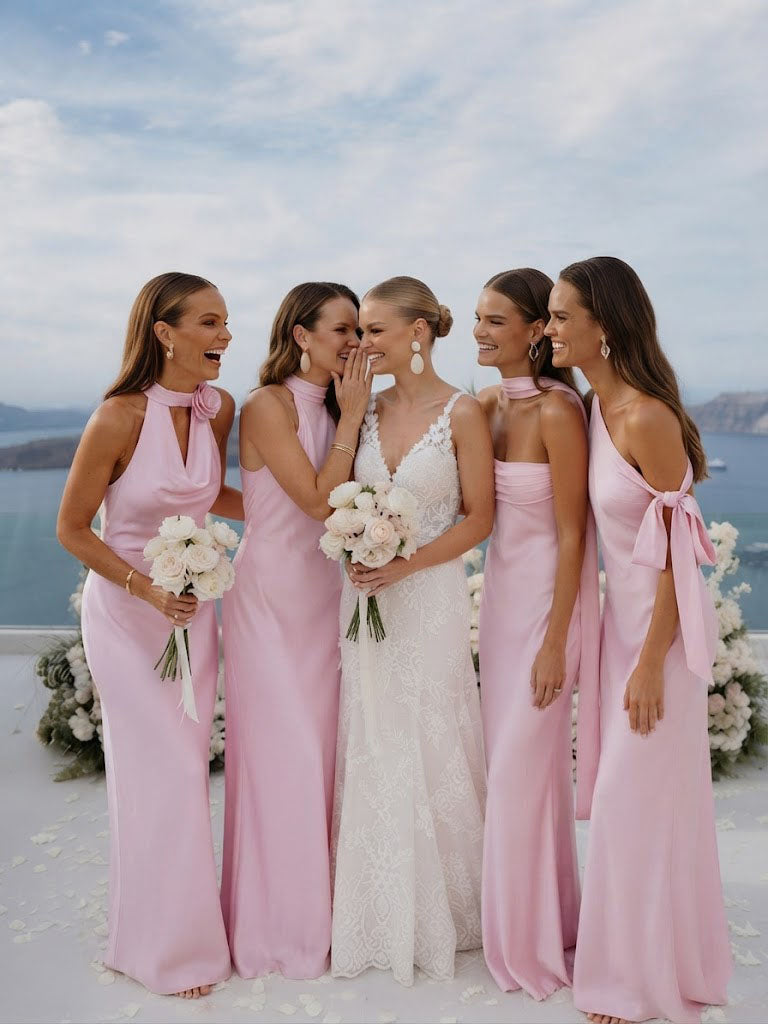 Pretty Light Pink Satin Bridesmaid Dress Collection Fancy Floor Length Gowns,BG1021