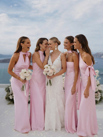 Pretty Light Pink Satin Bridesmaid Dress Collection Fancy Floor Length Gowns,BG1021