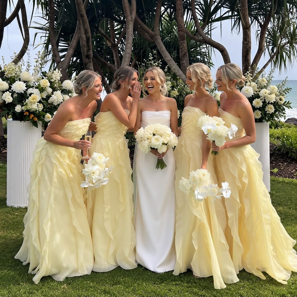 Pretty Yellow Strapless Cascading Ruffle Long Bridesmaid Dress Elegant Flowy Gown,BG1019