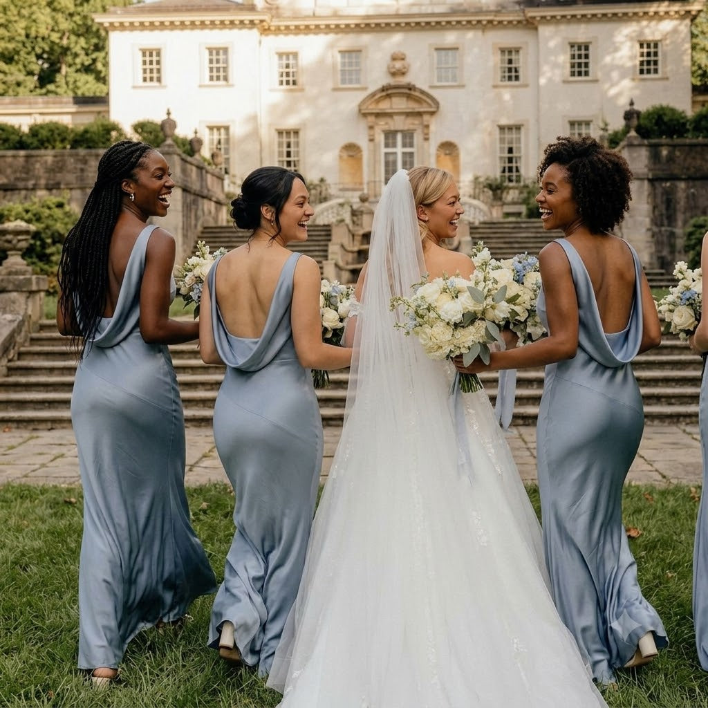 Classy Satin V-neck Mermaid Sleeveless Long Bridesmaid Dress In Dusty Blue,BG995