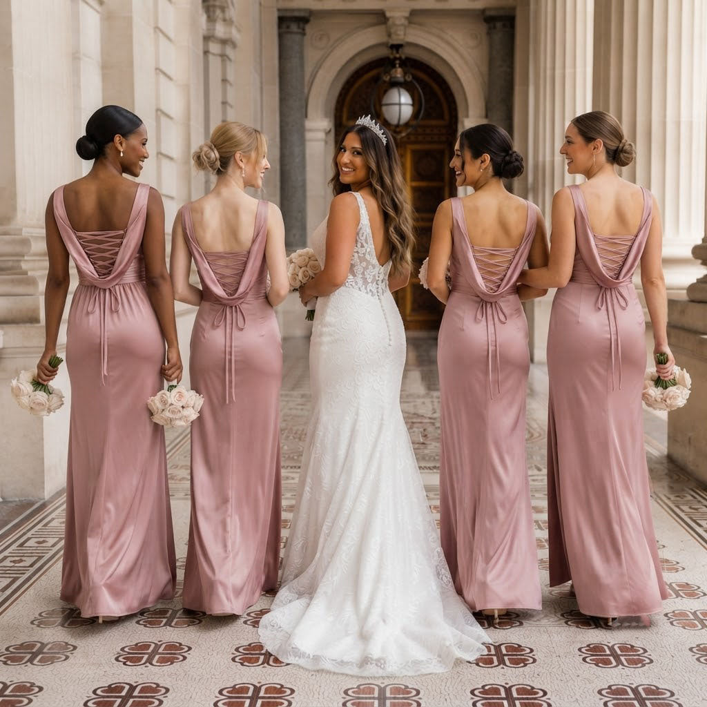 Classy Dusty Rose Cowl-Neck Sleeveless Floor-Length Satin Slit Bridesmaid Dress,BG1016