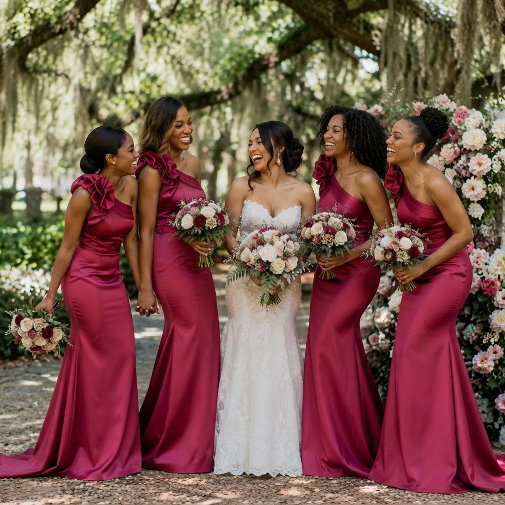 Classy Hot Pink One-Shoulder Sleeveless Mermaid Long Satin Bridesmaid Dress with Ruffles,BG1017