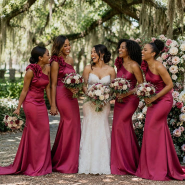 Classy Hot Pink One-Shoulder Sleeveless Mermaid Long Satin Bridesmaid Dress with Ruffles,BG1017