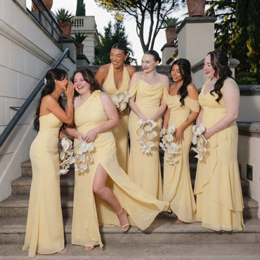 Gorgeous Mismatched Neckline Flowy Chiffon Bridesmaid Dress Collection Yellow,BG1014